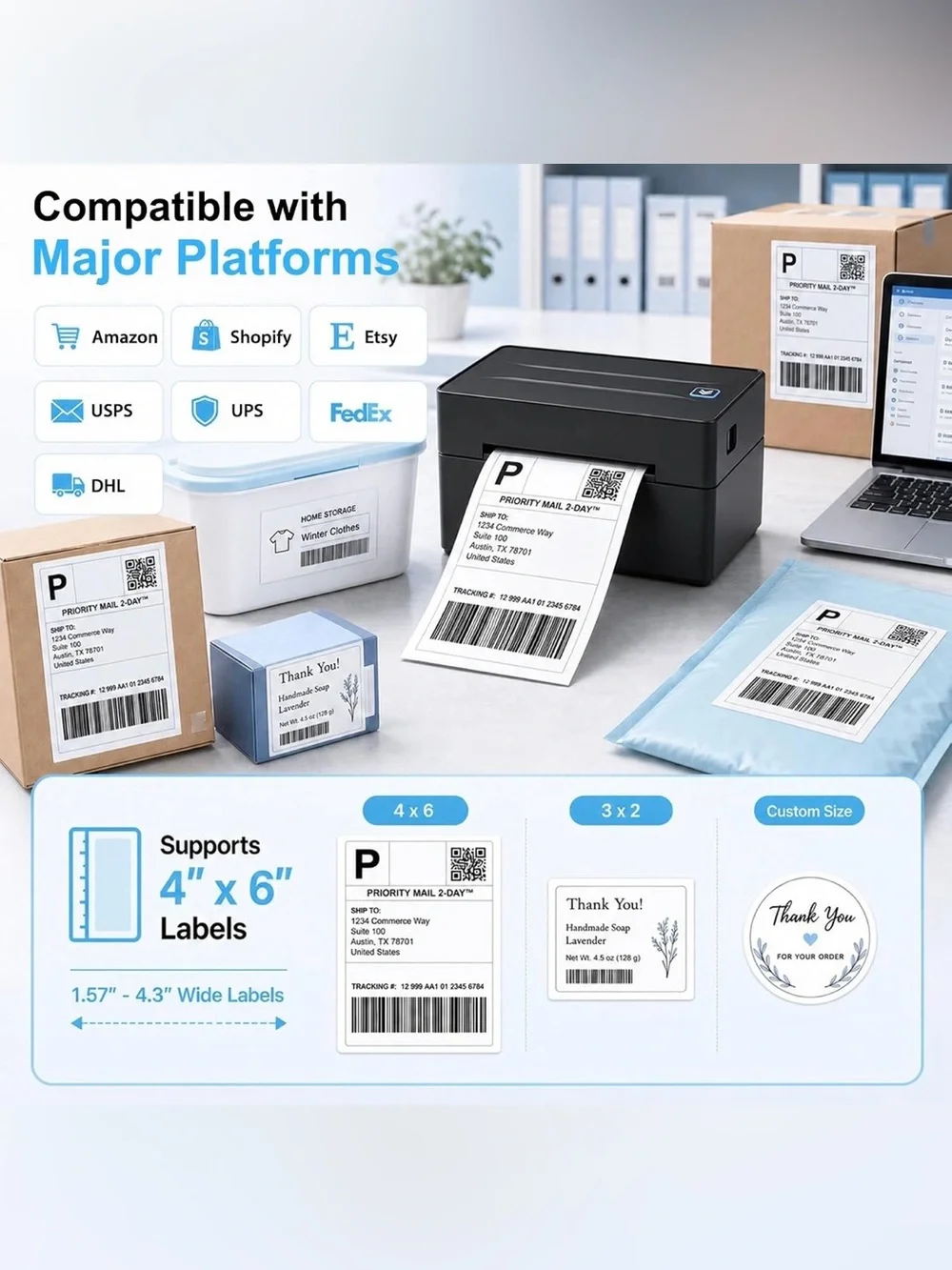Compact Black Thermal Label Printer for Home Office and Shipping